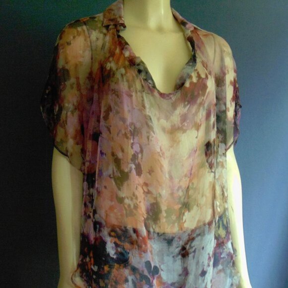 Haute Hippie Sheer Silk Water Color Floral Oversized Tunic Popover Top Small - Picture 2 of 6